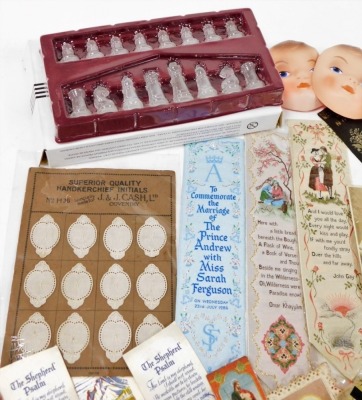 A group of collectables, to include mother of pearl games counters, set of twelve embroidered handkerchief initials for the letter A, commemorative crowns, steel and horn handled Scout knife, further penknife, plated spoons, embroidered book marks, etc. ( - 4