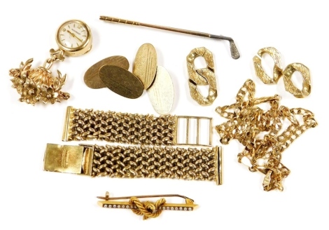 An assortment of gold, comprising a pair of 9ct gold oval cufflinks, with engine turned decoration, 6.04g, a 15ct gold rope twist bar brooch set with seed pearls, 4.05g, a Jaeger Le Coultre 9ct gold pendant watch, with flower basket brooch, 12.14g all in,