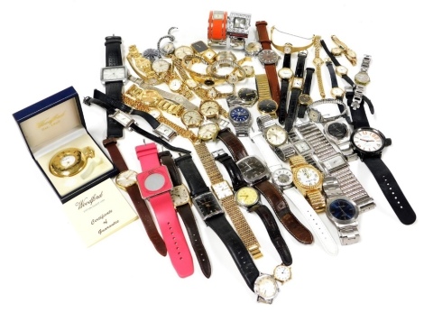 Lady's and gentleman's dress wristwatches, including Emporio Armani, Bernex, Onsa, Raymond Weil, and Casio.