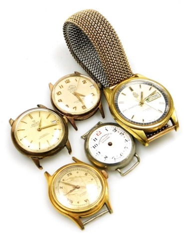 A Jobina gentleman's gold plated wristwatch, Onsa Super automatic wristwatch, Modaine gold plated gentleman's automatic wristwatch, Sandoz automatic gentleman's wristwatch, and a Geneva Watch Company elegant lady's white metal case wristwatch. (5, AF)