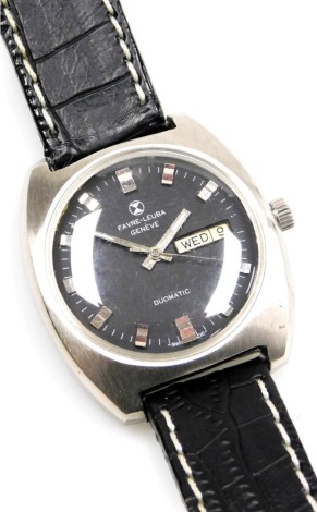 A late 20thC Favre-Leuba duomatic gentleman's wristwatch, circular back dial, centre seconds, date aperture, stainless steel cased, on a leather strap.