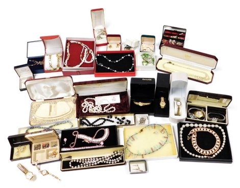 Silver and costume jewellery, including Jersey pearls, wristwatches, earrings, necklaces, and brooches.