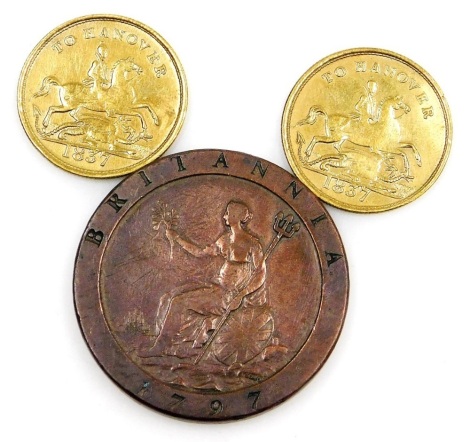 A George III cartwheel penny 1797, and two 1837 Victorian To Hanover tokens.