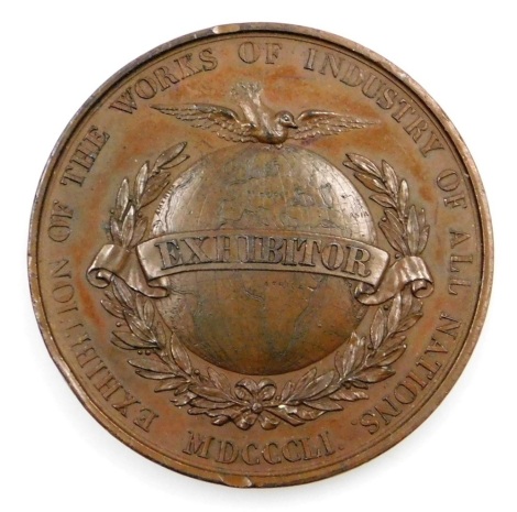 A Victorian bronze Great Exhibition medal, designed by W Wyon RA, obverse the bust portrait of His Royal Highness Prince Albert, President of the Royal Commission, reverse a globe with Exhibitor banner, Exhibition of the Works of Industry of All Nations 1