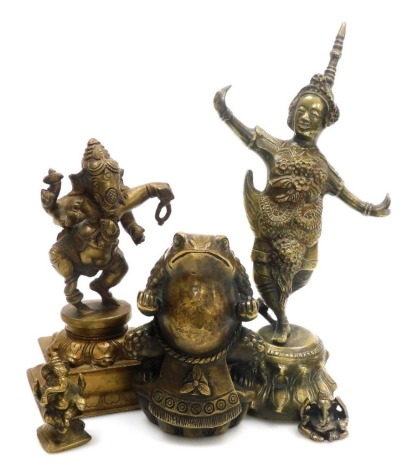 Three brass figures of the Hindu god Ganesha, comprising Ganesha dancing, 14.cm high, two miniature examples, 5cm and 2.5cm high, a brass figure of a Thai dancer, 21cm high, and a brass figure of a Sumo toad, (5).