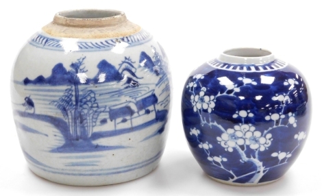 A 19thC Chinese pottery ginger jar, decorated in blue with figures and buildings, lacking lid, 17cm high, together with a further ginger jar, decorated with flowering prunus on a cracked ice ground, lacking lid, 13cm high.