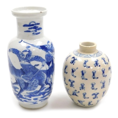 A late 19th/ early 20thC Chinese blue and white rouleau vase, hand painted with warriors, blue underglaze four character Kangxi mark, 20.5cm high, together with a Chinese blue and white ovoid pottery vase, decorated with numerous figures in various poses,