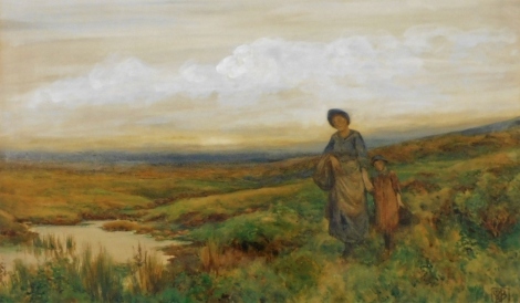 19thC School. Mother and child walking on a moor, pastel, initialled and dated '97, 32cm x 55cm.