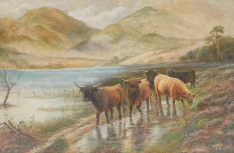 J. H. Lowe (20thC School). Study of bulls before river and mountains, oil on canvas, signed, 39cm x 59cm.