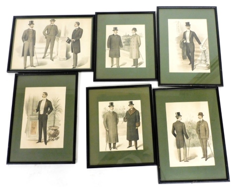 A set of six early 20thC men's fashion prints, coloured book plates, approximately 24cm x 16.5cm each.