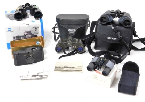 A Konica Minolta AS digital camera, Dimage A200, a Purma Special camera, both boxed, Velbocx 680 tripod and a Velbocx Delta tripod, Opticron binoculars, Bresser 8x32 binoculars, Optolyth 8x40 binoculars and a pair of Summit field glasses. (a quantity)