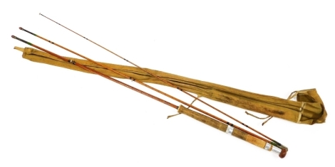 A Hardy Bros Taviot Palakona split cane fly rod, three piece, 9ft, with canvas bag.