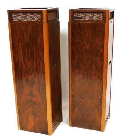 A pair of vintage Mordaunt-Short teak and mahogany speakers, 110.5cm high.