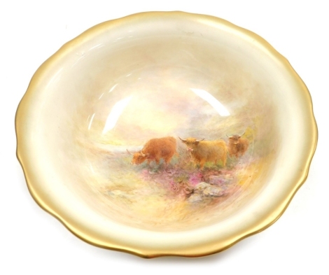 A Royal Worcester porcelain bowl, circa 1953, the interior painted with Highland cattle, signed H Stinton, gilt heightened, printed marks, 23cm diameter.