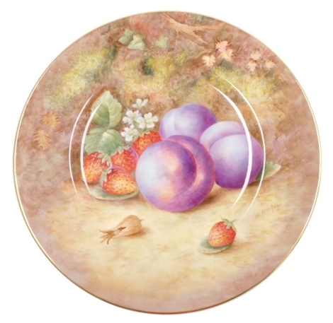 A Royal Worcester porcelain plate, circa 1954, painted with plums, strawberries and a cob nut, signed H. Aynton, gilt heightened, printed marks, 27cm diameter.