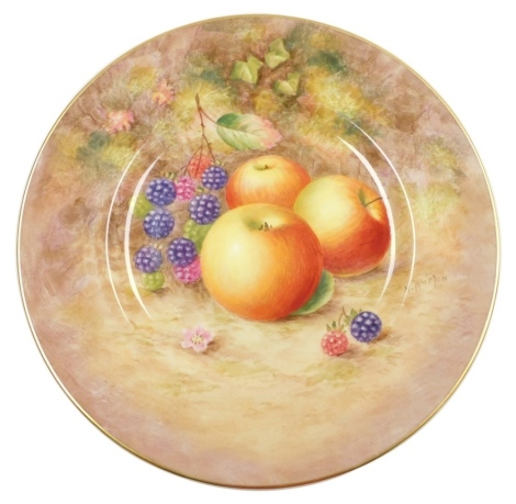 A Royal Worcester porcelain plate, circa 1954, painted with blackberries and apples, signed H. Aynton, gilt heightened, painted marks, 23.5cm diameter.