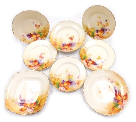 A Royal Worcester porcelain part dessert service decorated in the Maple pattern, circa 1933, each painted with blackberries and blossom, signed M. Blake, printed marks, comprising five dessert plates, two dishes, and a further square dish, the plates 22c