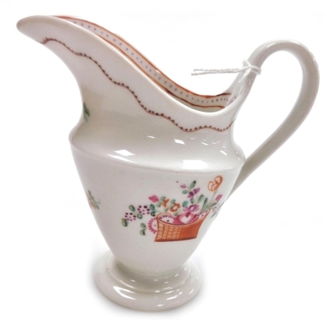 An early 19thC Newhall porcelain cream jug, the body decorated with a flower basket, various flowers, etc., 11cm high.