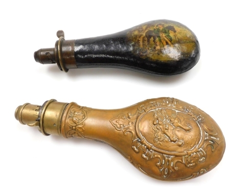 A 19thC leather and brass powder flask, the body with hand painted decoration depicting a gentleman with gun beside horse and two dogs, 20cm long, together with an embossed copper and brass shot flask, the body decorated with three horses head surrounded 