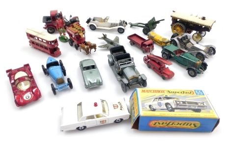 A group of diecast cars, to include a Models of Yesteryear 1926 Mercedes Benz, a Corgi Whizzwheels Ferrari 512S, Models of Yesteryear Fowler Showmans engine, Matchbox Super Fast 55 police car, etc., play worn. (1 box)