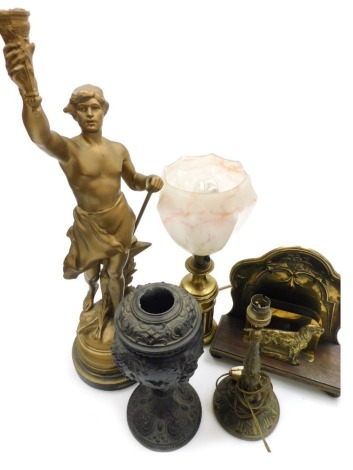 A group of collectables, to include a classical figure modelled as Travail, on a socle base, 5cm high, brass desk stand, 26cm high, brass table lamp, etc. (a quantity)