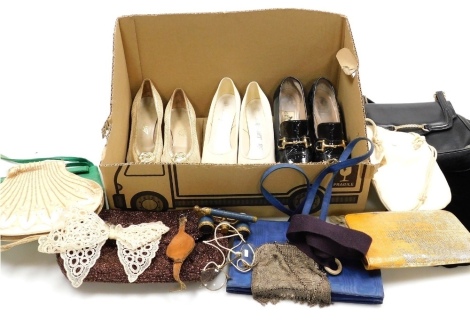 A group of mid 20thC lady's handbags, to include a shell shaped silk handbag with simulated pearl embellishment, a pair of ANCS Ltd Westminster opera glasses, various lady's shoes, to include a pair of Celine black patent snaffle loafers, evening purse, e