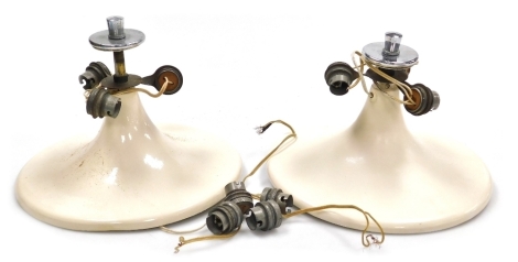 A pair of mid century Berry's Electric Ltd ceiling lights, of white painted enamel flared form, with three separate fittings for light bulbs, 30cm diameter.