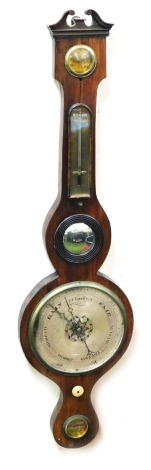 A late 19thC rosewood cased banjo barometer, silvered dial lacking glass, with thermometer, and dry/damp dial, 98cm high.