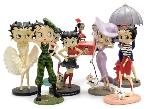 Seven Betty Boop plastic figures, to include Shake What Your Mumma Gave Ya!, Betty Boop in camouflage gear, etc.