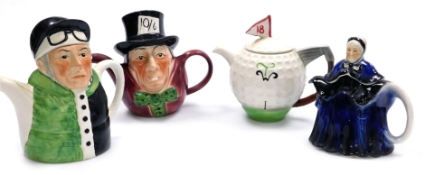 Four novelty Tony Wood pottery teapots, comprising jockey, Mad Hatter, a golf ball, and old lady in Victorian dress, printed marks.