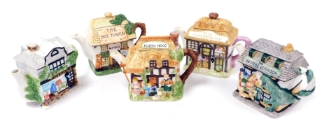 Five novelty pottery teapots, four of pubs comprising The Dick Turpin, The Shakespeare, The Robin Hood, and The Ale House, together with a teapot of an antiques store.