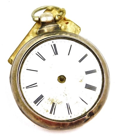 A Victorian silver gentleman's pair cased pocket watch, open faced, key wind, enamel dial bearing Roman numerals, fusee movement by William Chapman of Lincoln, number 26338, with outer case, London 1846. (AF)