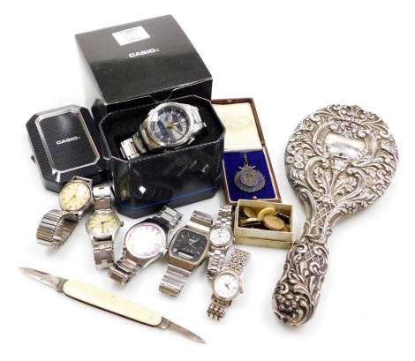 Gentleman's and lady's dress wristwatches, including Empire, Yeoman, Seiko and Casio, gentleman's studs and cuff links, a City of Chester Rifle Association 1955 Division Two bronze medallion, cased, and a Victorian silver backed hand mirror, embossed with