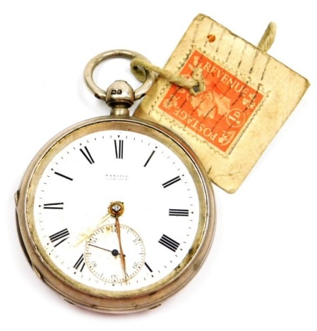 A Victorian gentleman's silver cased pocket watch, open faced, key wind, circular enamel dial bearing Roman numerals, subsidiary seconds dial, movement by Mansell of Lincoln, the case with engine turned decoration, shield and garter reserve, Chester 1900.