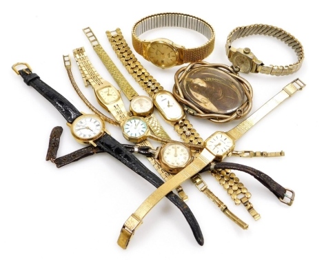 A Victorian hair locket brooch, set in a yellow metal oval frame, decorated with woven hair, verso curled hair embellished with gold wire and seed pearls, together with lady's dress wristwatches, including Sekonda, Lorus, and Seiko.