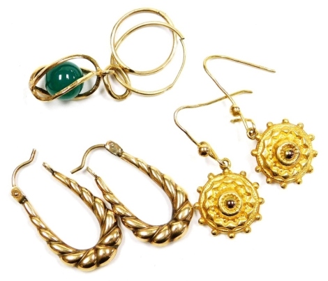 Three pairs of gold earrings, together with a 9ct gold and jade pendant, 3.9g all in.