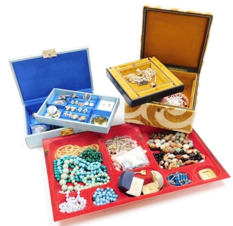 Silver and costume jewellery, including a Balestrand Norwegian enamel brooch, pair of loose cut opals, marcasite brooches, silver bracelet, crystal beads, hardstone necklaces, etc. (a quantity)