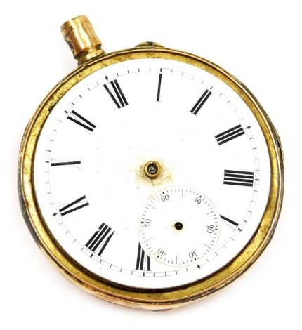 An early 20thC gentleman's open faced pocket watch, keyless wind, enamel dial bearing Roman numerals, subsidiary seconds dial, in a yellow metal case stamped 14k. (AF)