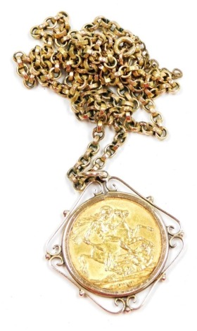 A George V gold full sovereign, dated 1912, in a yellow metal pendant mount, on a belcher link neck chain, stamped 9ct, 15.4g all in.