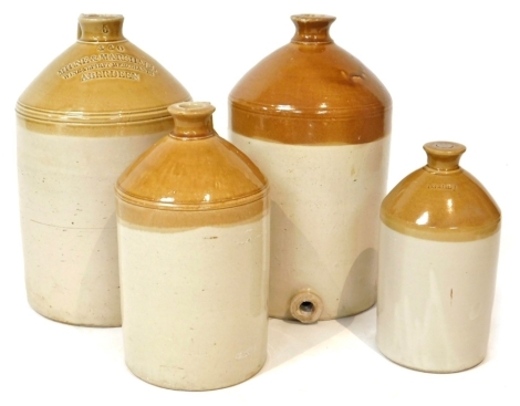 Four stoneware flagons, one named to Milne & Marshall Wine and Spirit Merchants Aberdeen number 440, 52cm high.