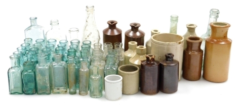 A group of stoneware and glass bottles, for Foster Clarke Ltd, Eiffel Tower Lemonade, Brian Fillingham, Grantham lemonade bottle, stoneware bottle named to Skey Tamworth, Doulton Lambeth, etc. (1 box)