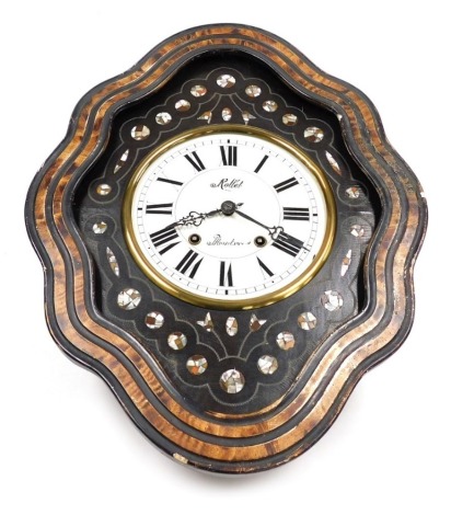 A Rollet of Montreal wall clock, white enamel Roman numeric dial name to Rollet, eight day movement, the case of shaped oval form, with simulated wooden banding, and inlaid with mother of pearl roundels and flowers, the case 61cm high.