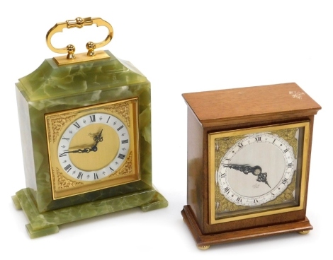 A Baronet of London onyx cased mantel clock, with a Roman numeric silvered dial, brass face with spandrels, quartz movement, the case of architectural form with a brass ring shaped carrying handle, 23cm high, together with an Elliott oak cased mantel cloc