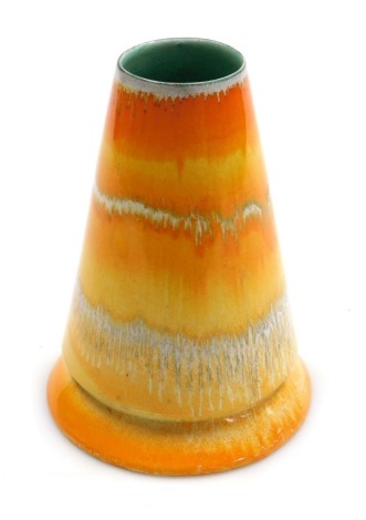 A Shelley porcelain Harmony drip vase, of conical tapering form on a flared circular base, decorated in bands of graduated orange and yellow, with a turquoise interior, 17cm high.