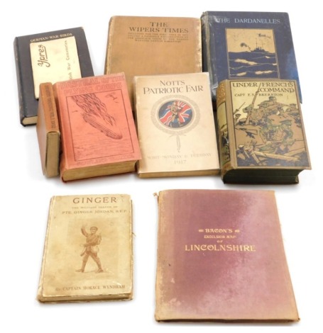 Various military related books, to include Captain Horace Wyndham, Ginger, Military Career of Private Ginger Gordon, BEF, published by Robert Scott London, second impression 1917, German War Birds by Vigilant, published by John Hamilton Ltd London, Bacons