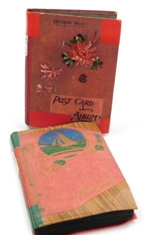 Two early 20thC and later postcard albums, Irish interest, to include Queens Island Belfast, launch of the Olympic, Belfast, further scenes of Belfast, Ballymaclinton, Port Rush, County Down, Antrim, Londonderry, further postcards of the interiors of The 