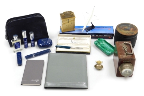 A group of collectables, to include Concorde related memorabilia, an Imhopf brass cased carriage clock, bearing presentation inscription to Morrill and Mrs Morrill in appreciation from the King family 1979, a Parker fountain pen, a trinket box in the form