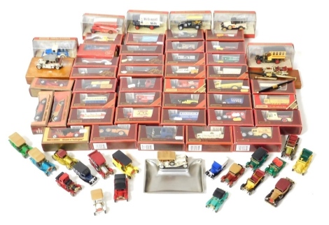 A group of diecast cars, to include Matchbox Models of Yesteryear, boxed, models to include a Y25 1910 Renault type AG, 1938 Lagonda drop head coupe, various Matchbox International Collectors Association magazines, etc. (2 boxes)