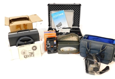 A group of camera and related equipment, to include a Sony camcorder, a Photax Duel 8P110 projector, boxed, a Samsung camcorder, Super Eight film splicer, etc. (a quantity)