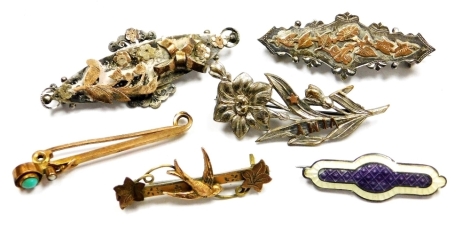 A group of Victorian and later gold and silver brooches, including a 9ct gold brooch set with a turquoise and seed pearl, silver floral brooches, and a silver and guilloche enamel brooch. (6)